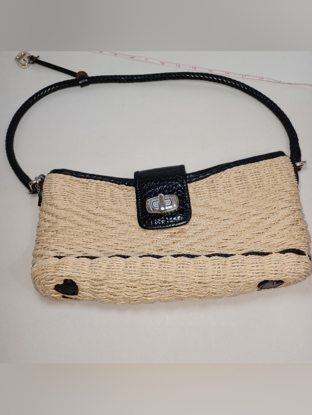Brighton Water Lily Woven Tan Jute Black Leather Trim Shoulder Bag